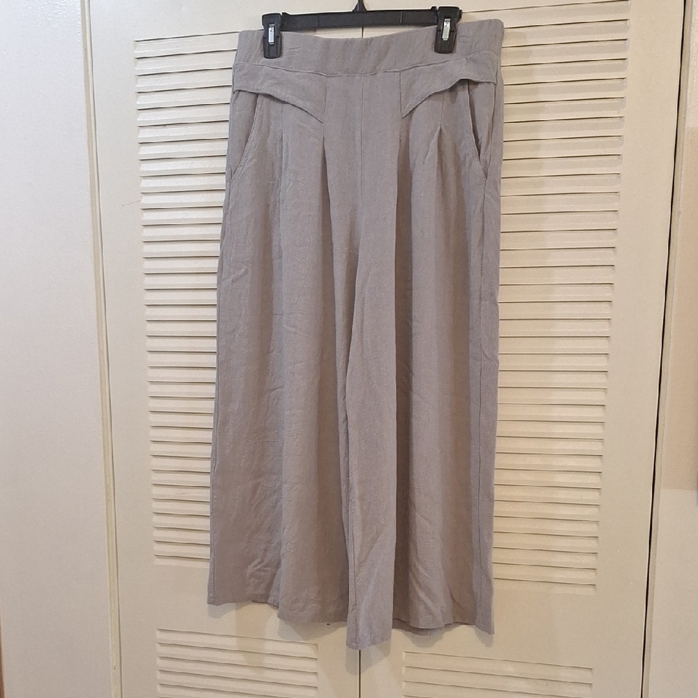 Green Gray Boho Wide-Leg Crop Cotton Linen Pants